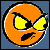 Pixelated orange circular face with yellow eyes and black mouth on blue background, split into four colored quadrants with text overlays.