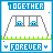 Pixel art animation of two blue characters in a swing set with 'TOGETHER' and 'FOREVER' text, showing character pose changes.