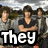 Group of people standing outdoors with text overlays changing from 'They' to 'R' and then to 'hott!!!'