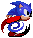 Four pixelated Sonic the Hedgehog frames show motion blur effects with red and blue trails against a gray background.