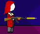 Pixelated character in red hooded coat fires rifle with yellow muzzle flash against dark blue and purple background.