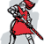 Pixelated figure in red dress with black and white checkered pattern, holding red object, standing against light gray background.