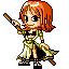 Pixel art character with orange hair holding a staff, wearing a green and black outfit with a flowing skirt, displayed in a of nine identical frames