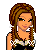 Pixel art of a woman with braided brown hair, wearing a black top with white lace collar, and a short skirt with white frills.