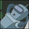 A close-up of a light blue robotic head with a single circular eye and a rectangular screen on its forehead, held by a gloved hand against a dark background.