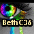 Pixelated icon with rainbow-colored circular shape, green bird-like figure, and text 'Bett C36' on black background.