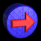 A circular blue textured icon with a red arrow pointing right, transitioning through orange and yellow hues