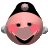 Pixelated circular icon with pink face, black eyes, red cheeks, brown mouth, black headband with gray circle, and white wing-like shapes on sides.