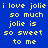 Blue background with yellow pixelated text repeating 'i love jolie so much jolie is so sweet to me' across four , each containing a pink rectangular highlight over one phrase