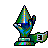 Pixel art trophy with green, blue, and brown color palette, featuring a vertical rainbow stripe on the top section and a curved base with a white rectangular element.