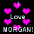 Black background with scattered pink pixelated hearts and repeated white text reading "Love MORGAN! MORGAN!" in a retro digital style.