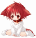 Red-haired anime-style character in white outfit with tail, seated in cross-legged pose, displaying sequential facial expression changes from neutral to smiling to sad.