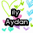 Pixelated icon with 'ily Aydan' text, green and purple heart outlines, and scattered blue/pink hearts on white background.