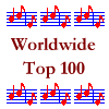 Red musical notes on blue staff lines with text "Worldwide Top 100" and "Music Sites" in brown serif font.