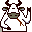 Pixelated character with dark brown horns, green eyes, and a green nose, wearing white clothing with brown accents, holding a brown object in one hand against a gray background.