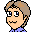 Pixel art avatar of a person with light brown hair and blue eyes, wearing a purple shirt, shown in two expressions: open-eyed smiling on the left, closed-eyed smiling on the right.