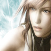 Anime-style character with long brown hair, blue eyes, and a neutral expression, wearing a dark zip-up top over a white garment, set against a light blue patterned background.