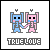 Pixel art of two cartoon figures holding hands, blue and pink characters with heart symbols above heads, text 'TRUE LOVE' below on white background.