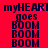 Red background with dark blue text reading 'myHEART goes BOOM' repeated in four identical , each with a small purple pixel cluster near the 'T' in 'myHEART'
