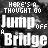 Animated sequence of 'HERE'S A THOUGHT GO' text cycling through rainbow colors above 'Jump Bridge' in large white letters on a black background with gray noise.