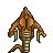 Pixelated creature with brown segmented body, green accents, and striped lower section standing against gray background.