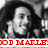Black-and-white photo of a person with dark hair and a wide smile, overlaid with red 'BOB MARLEY' text above green 'LOVE the LIFE' text on white backgrounds.