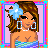 Pixel art contact sheet of a female character in various poses and outfits with text labels, displayed as 3x3 grid frames on pink background.