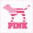 Pixelated pink dog silhouette with red stripes, 'PINK' text below; heart symbols and 'LOVE PINK' in bold magenta above a polka-dot background.