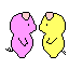 Pixelated pink and yellow cartoon figures in various poses, including standing side-by-side, facing each other, and interacting with small objects.