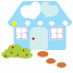 Pixelated blue house with white clouds, yellow sun, green bush with red dots, brown stepping stones, and a red cross on the door.