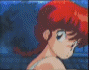 Animated sequence of a red-haired anime character with changing expressions and poses against a blue-toned background featuring stone lanterns, bridges, and water.