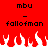 Red background with black text 'mbu' and 'fallofman', white pixelated flames at the bottom, two identical frames side-by-side.