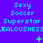 Pixelated text repeats across a blue background with green symbols, showing 'Sexy Soccer Superstar JEALOUSNESS' in cyan letters.