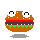 Pixelated burger with eyes, red patty, green lettuce, brown buns, and white sesame seeds on gray background.