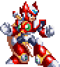 Four pixel-art frames of a red and white armored character with green chest emblem, blue eyes, and helmet-mounted goggles.