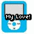 Two side-by-side blue digital music players with gray screens and white control dials; the left player displays black text reading "My Love!" over its screen.