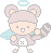 Pixel art contact sheet showing two frames of an animated angelic character with bunny ears, light blue wings, and a halo, holding a pink object that changes position between frames.