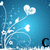 Blue background with white floral vines and heart shapes, displaying sequential text changes from 'Ca' to 'Cali' in black and blue fonts.