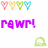 Pixelated icon set with heart symbols, 'rawr!' text in multiple colors, and green cloud shapes on white background.