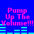 Pixelated blue background with pink text "Pump Up The Volume!!!" and cyan audio equalizer bars in two identical horizontal sections.