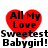 Red heart-shaped icon with black text "All My Love" and repeated pixelated text below.