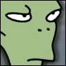 Green-skinned cartoon character with narrowed eyes, two small black dots for nostrils, and a downturned mouth, rendered in thick black outlines against a gray background.