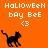 Pixelated orange background with black cat icon and white text reading "Halloween bay bee <3" in three positions, one showing partial gray area.