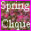 Pixelated image with white text 'Spring Clique' over a blurred floral background, next to a pixelated figure in pink attire against light blue sky.