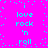 A bright pink background with cyan pixelated text reading "love rock 'n roll" arranged in a pattern, surrounded by scattered cyan dots