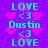 Pixelated cyan text and pink hearts on purple background, repeating 'LOVE <3 Dustin' vertically with heart shapes shifting slightly between frames.