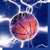 A pixelated circular icon with a red-orange face, dark hair, and closed eyes against a blue background with white lines.