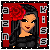 Pixel art icon of a woman with long black hair and red rose in her hair, wearing black clothing against red background with white geometric patterns.
