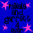 Blue background with pink star shapes and black text reading "mikasa and garrett 4 ever" in a pixelated font.