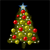 Pixelated Christmas tree icon with red ornaments, yellow lights, and a blue star on top against a black background.
